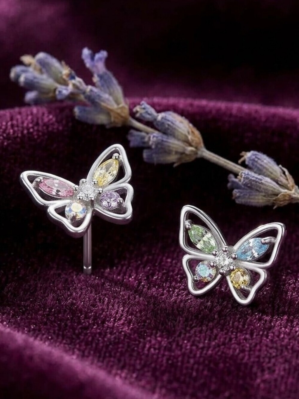 925 Sterling Silver Multicolor CZ Butterfly Stud Earrings Pastel 0.3"